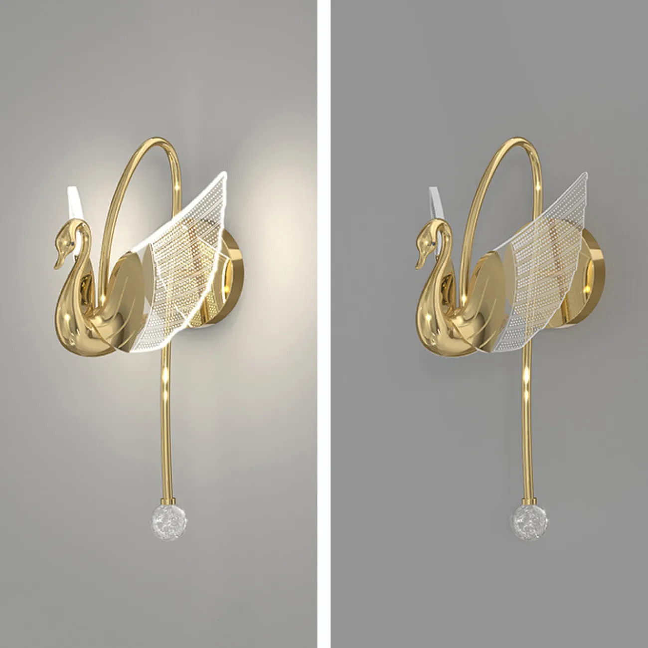 Настенный светодиодный светильник с плафоном в форме лебедя со светящимися крыльями на изогнутом кронштейне с блестящим шаром BIRDIE WALL Gold