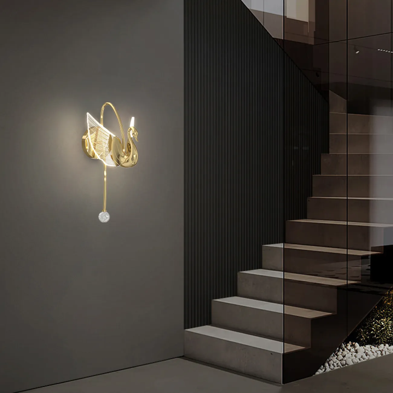 Настенный светодиодный светильник с плафоном в форме лебедя со светящимися крыльями на изогнутом кронштейне с блестящим шаром BIRDIE WALL Gold