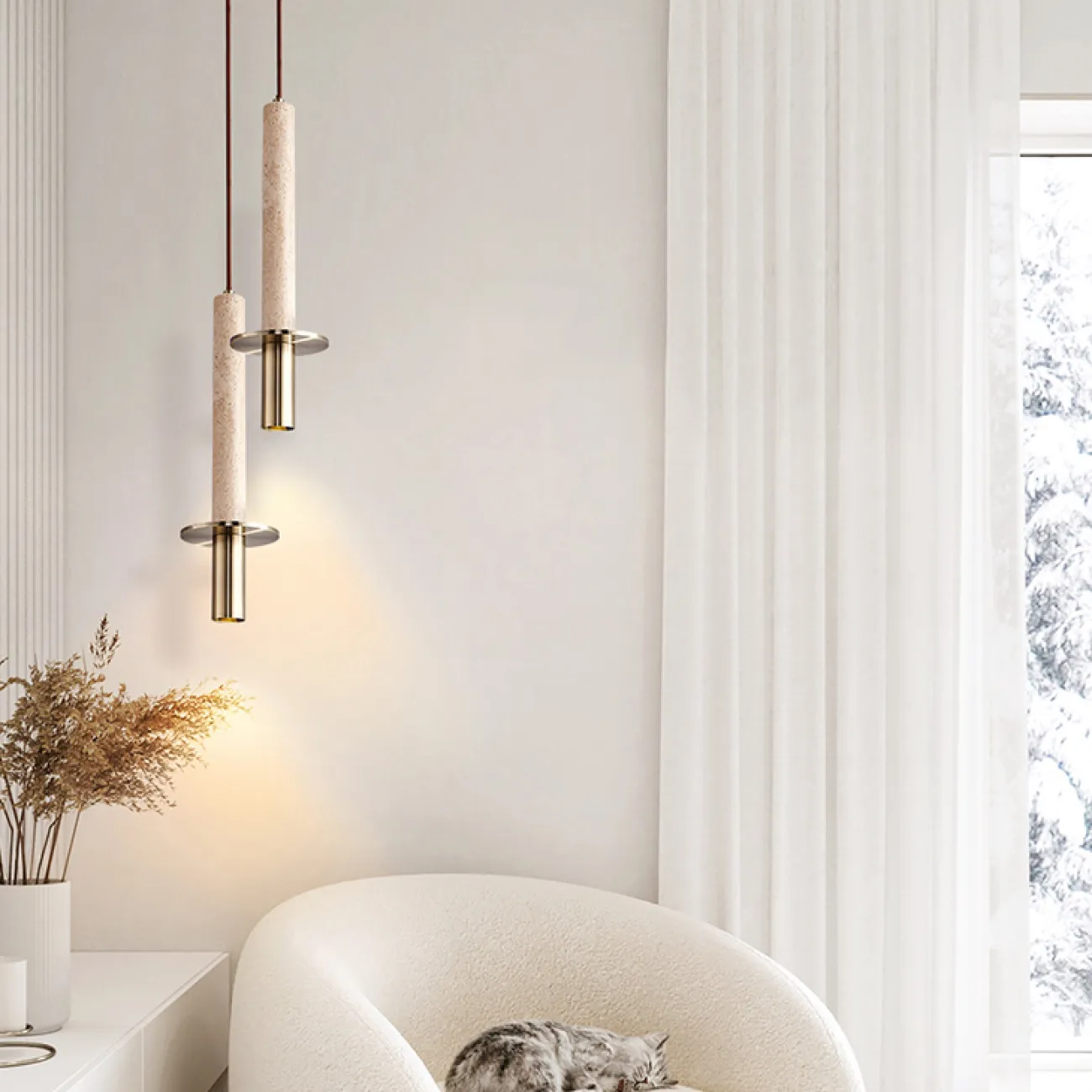 Готовая комбинация подвесных светильников с цилиндрическим корпусом из лавового камня и травертина с дисковидным рассеивателем HAGBART DUO Black