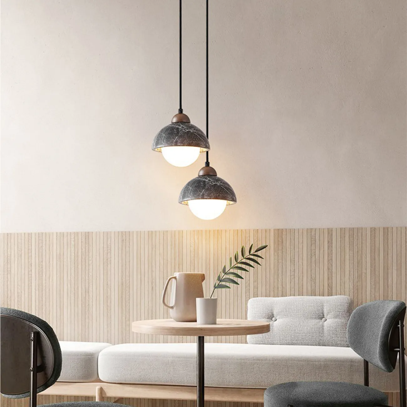 Готовая комбинация подвесных светильников с шарообразными плафонами и комбинированными абажурами из мрамора и дерева GEHARD COMBO D30