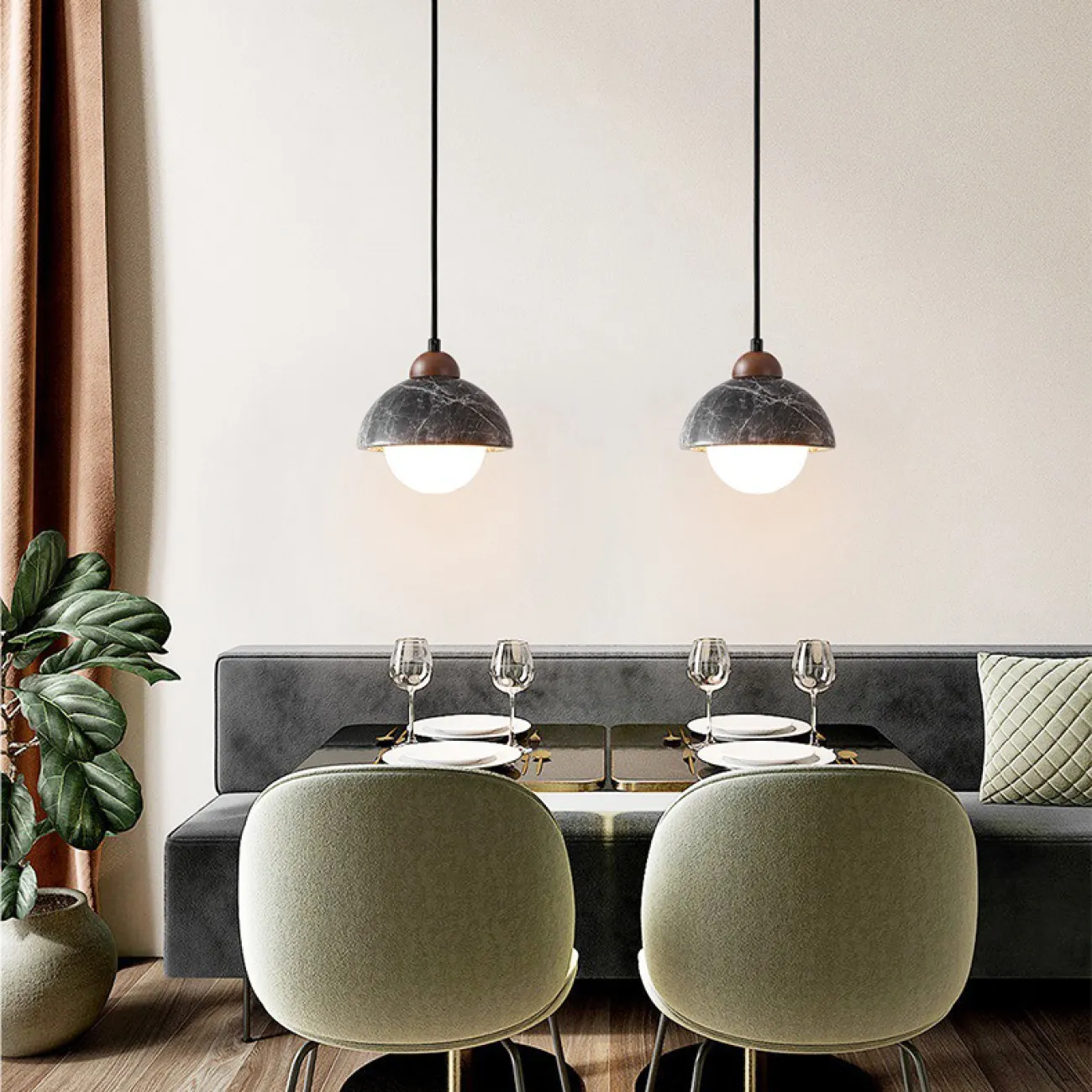 Готовая комбинация подвесных светильников с шарообразными плафонами и комбинированными абажурами из мрамора и дерева GEHARD COMBO D30