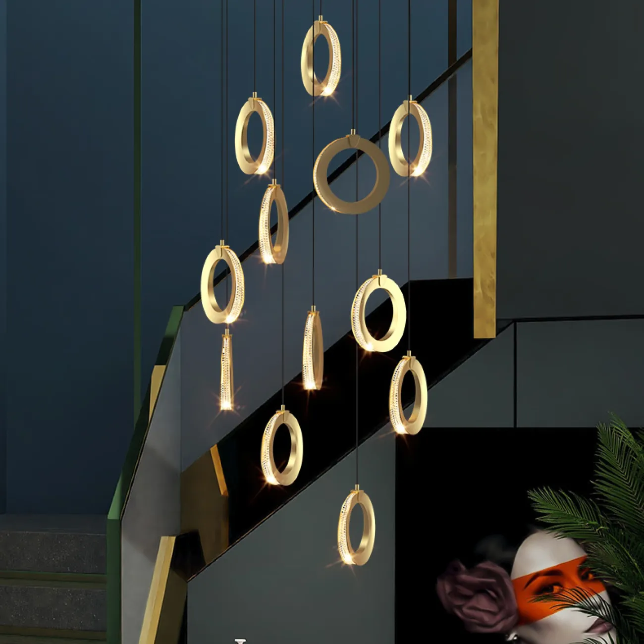 Готовая комбинация подвесных светодиодных светильников с кольцевидными плафонами с прозрачными рельефными рассеивателями по контуру корпуса CARLIN L12