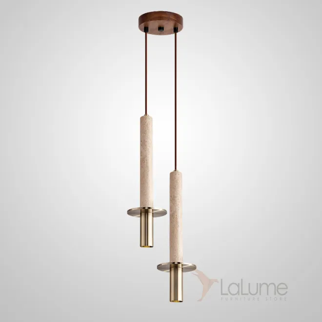 Готовая комбинация подвесных светильников с цилиндрическим корпусом из лавового камня и травертина с дисковидным рассеивателем HAGBART DUO Brass