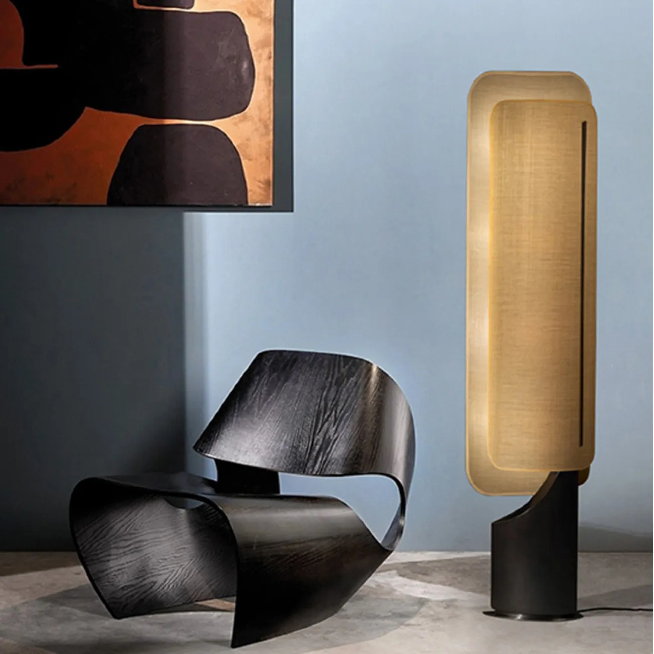 Дизайнерский торшер с цилиндрическим абажуром из двух текстильных сегментов со скругленными краями JANNA