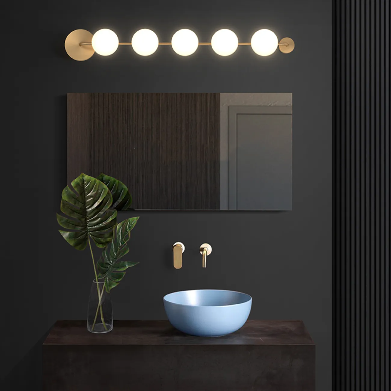 Серия настенных светильников с белыми шарообразными плафонами из стекла на горизонтальной рейке с круглыми креплениями SVALE L65