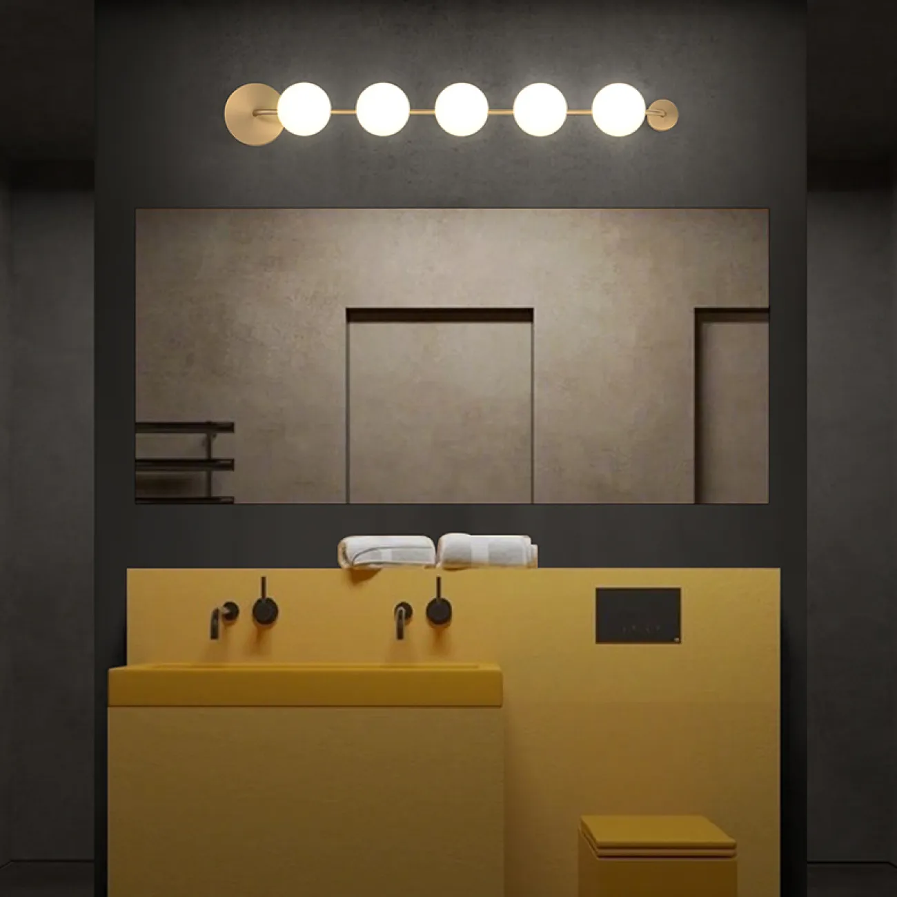 Серия настенных светильников с белыми шарообразными плафонами из стекла на горизонтальной рейке с круглыми креплениями SVALE L65