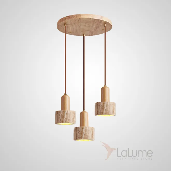 Готовая комбинация подвесных светильников с цилиндрическим и купольным абажуром из камня травертина с деревянным цокалем JAMTE COMBO A L3 Диск