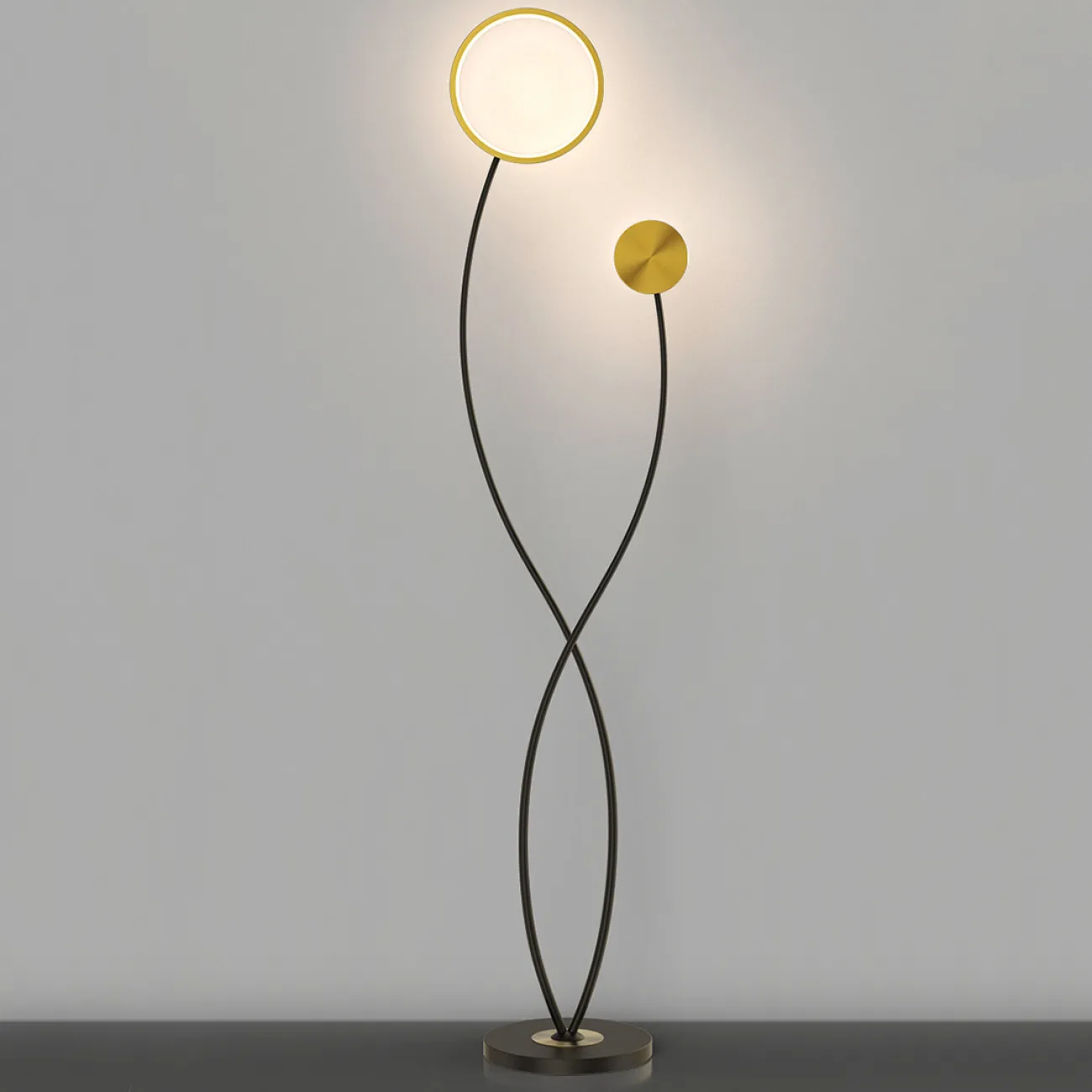 Светодиодный торшер с двумя плафонами в виде светящегося кольца и диска на перекрещенных изогнутых стойках HALEY 3000К