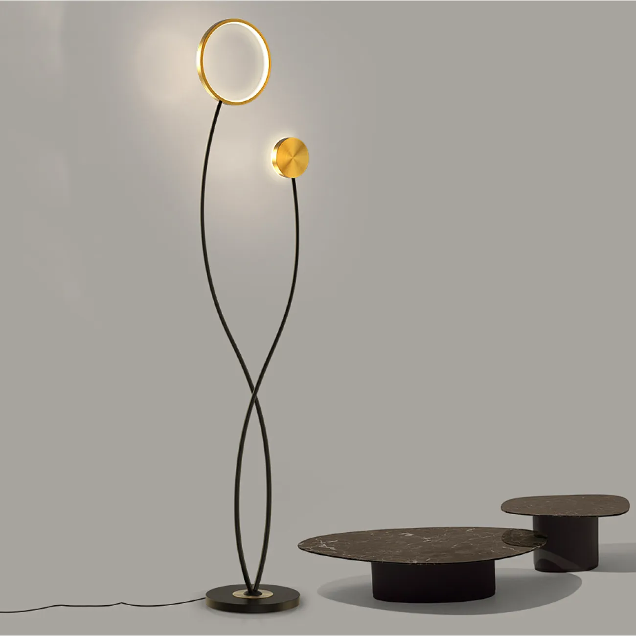 Светодиодный торшер с двумя плафонами в виде светящегося кольца и диска на перекрещенных изогнутых стойках HALEY 3000К