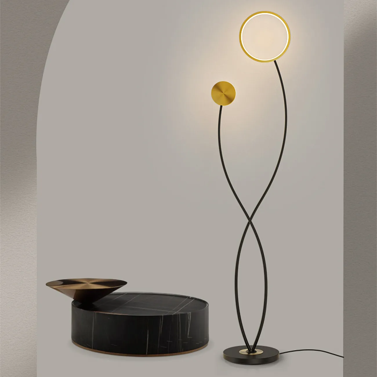 Светодиодный торшер с двумя плафонами в виде светящегося кольца и диска на перекрещенных изогнутых стойках HALEY 3000К