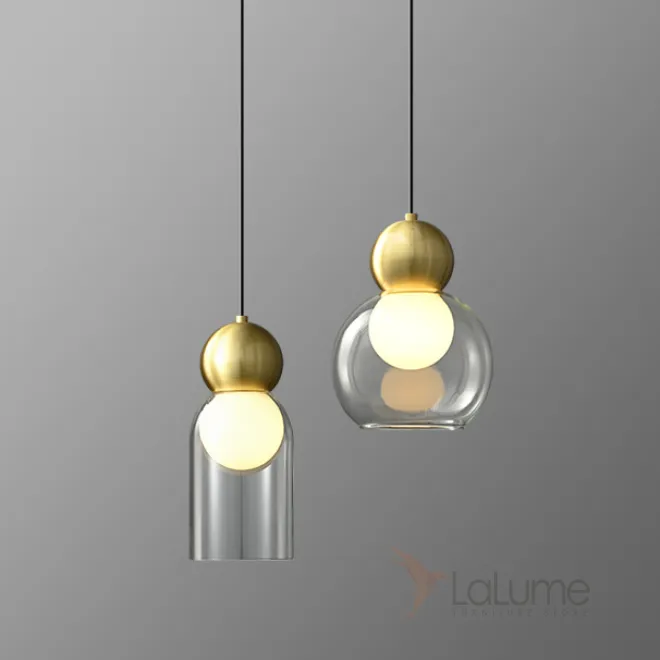 Готовая комбинация подвесных светильников с двумя шарообразными плафонами в стеклянном корпусе из дымчатого и прозрачного стекла FANUEL DUO Brass