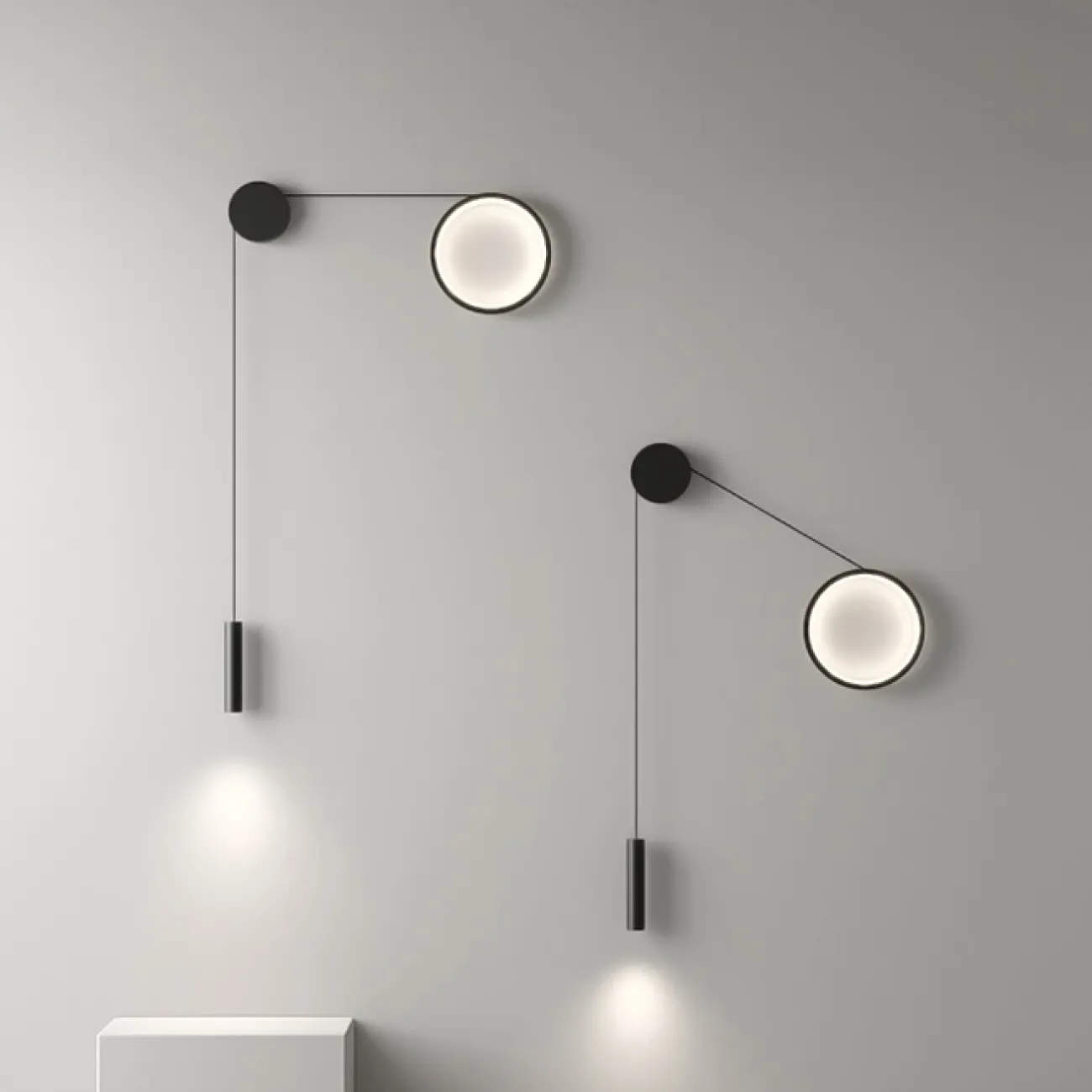 Парные светодиодные бра в виде комбинации светящегося кольца и спота на натяжном тросе HOOK Right