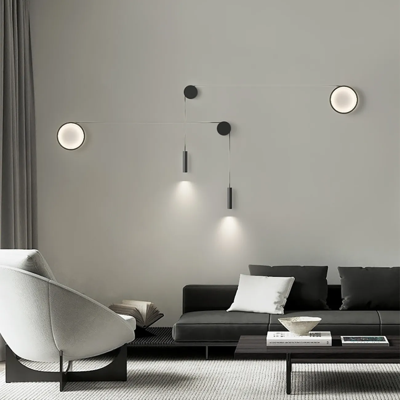 Парные светодиодные бра в виде комбинации светящегося кольца и спота на натяжном тросе HOOK Right