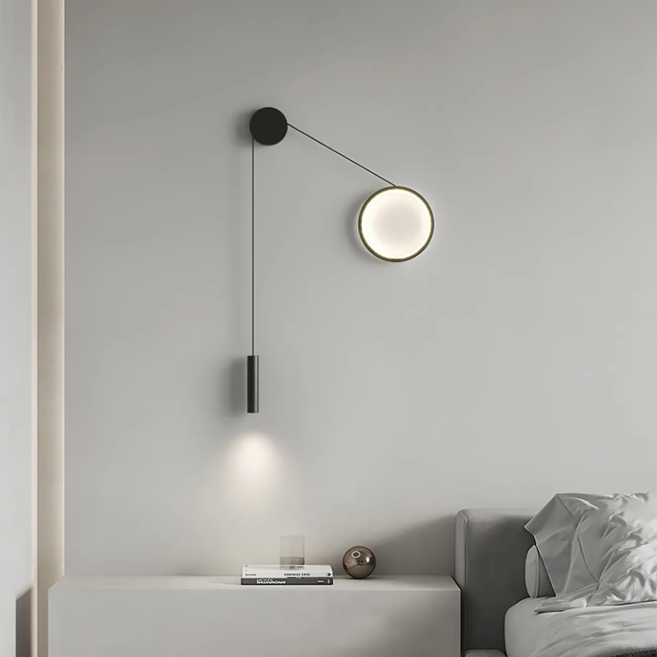 Парные светодиодные бра в виде комбинации светящегося кольца и спота на натяжном тросе HOOK Right