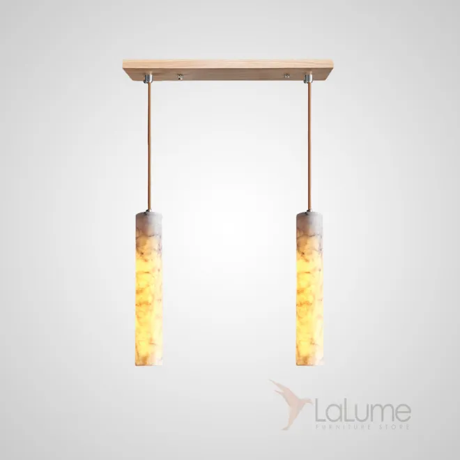 Готовая комбинация подвесных светильников с цилиндрическим корпусом из белого мрамора и деревянным креплением REOR COMBO C L2 Планка