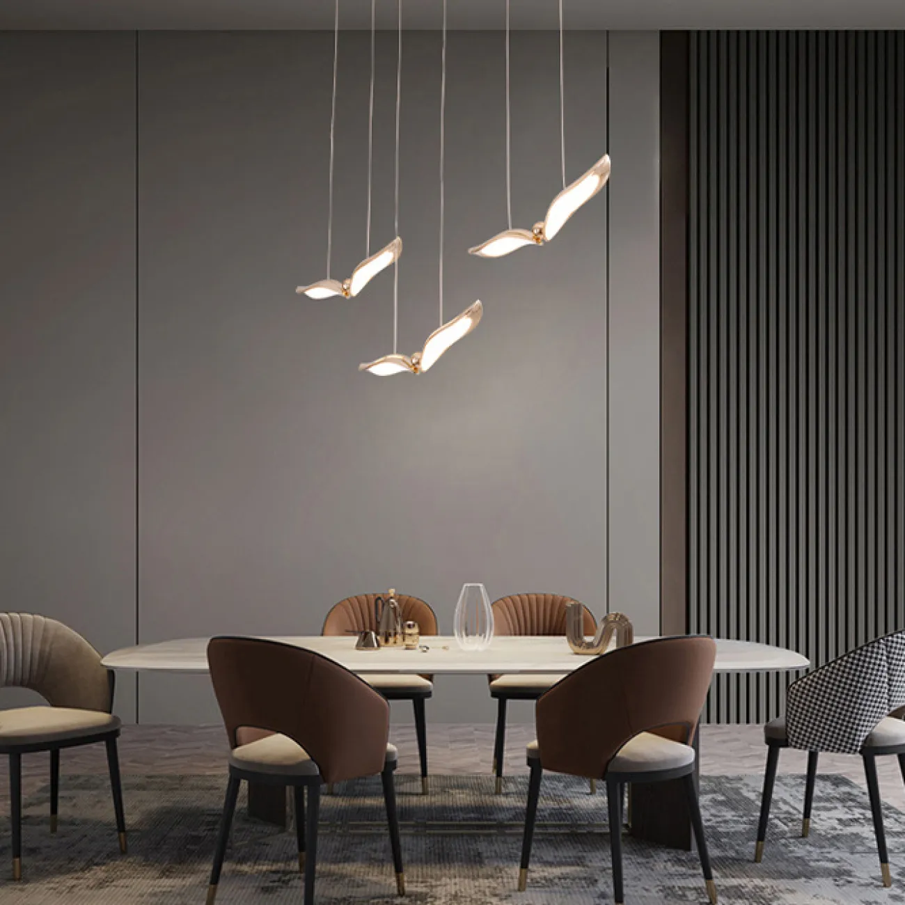 Готовая комбинация подвесных светодиодных светильников c изогнутыми плафонами, стилизованными под крылья птиц FLYER MORE L90