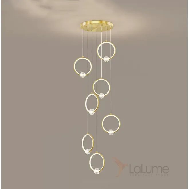 Готовая комбинация подвесных светильников с шарообразными хрустальными плафонами на металлических кольцах с внутренней LED-подсветкой LUANA MORE L7 Brass
