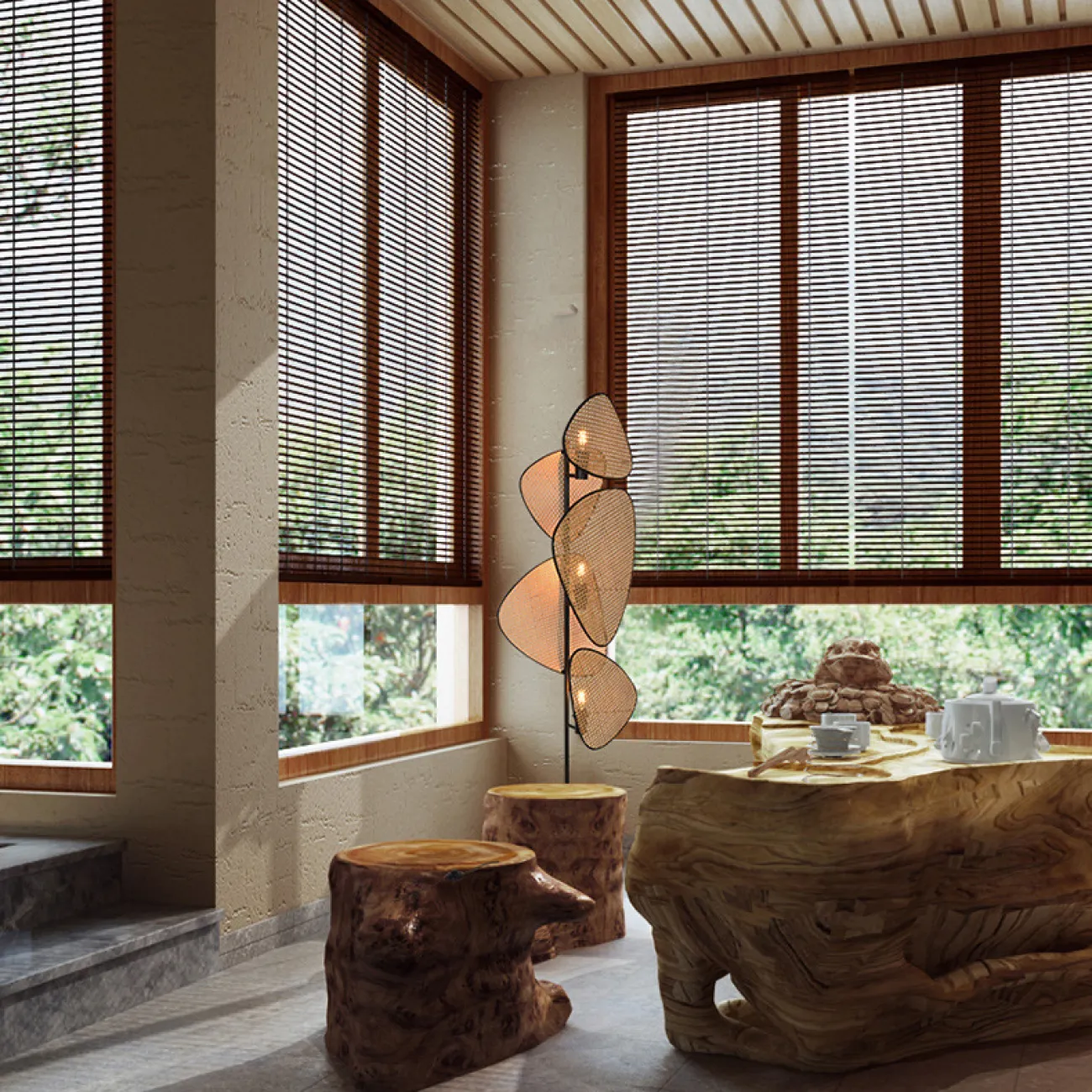 Напольный светильник с разноуровневыми треугольными рассеивателями из бамбукового плетения RAVDNA B FL Напольный светильник с разноуровневыми треугольными рассеивателями из бамбукового плетения RAVDNA B FL