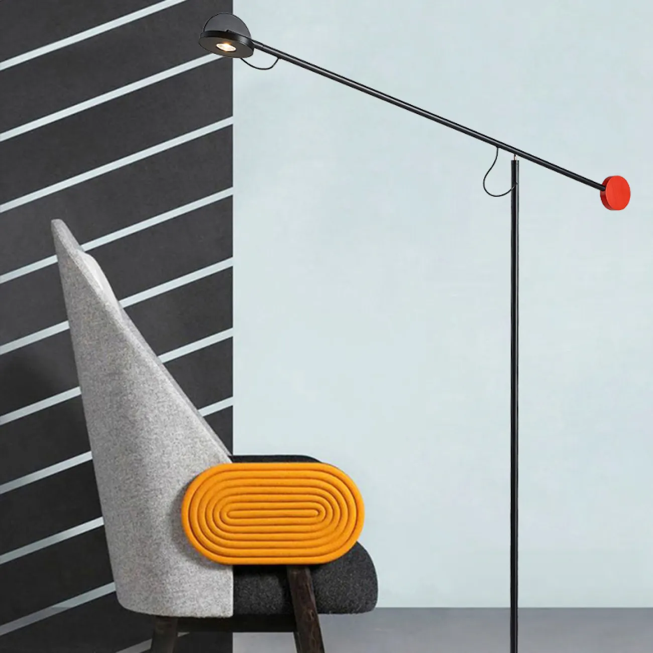 Торшер с дискообразным плафоном на подвижной штанге с красным наконечником DUKE