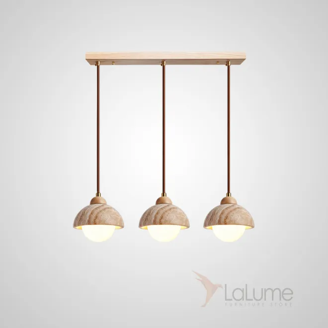 Готовая комбинация подвесных светильников с цилиндрическим и купольным абажуром из камня травертина с деревянным цокалем JAMTE COMBO B L3 Планка