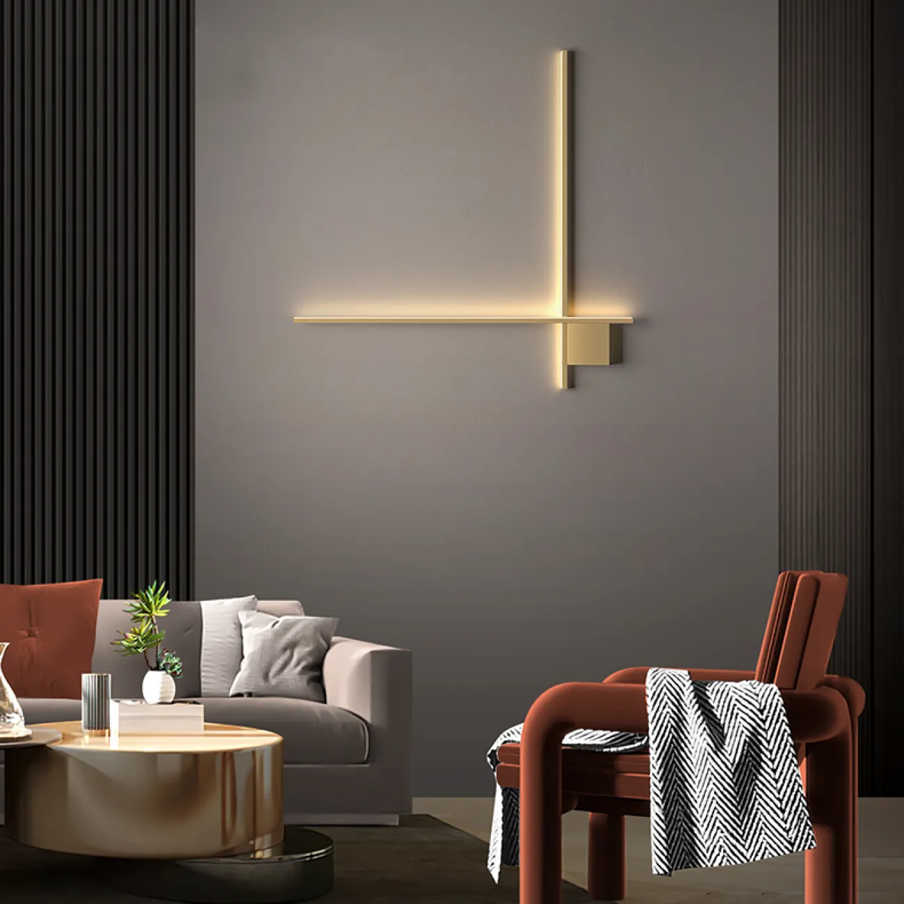 Серия настенных светодиодных светильников с прямоугольными перекрестными плафонами на квадратном креплении STICH B L100 Brass