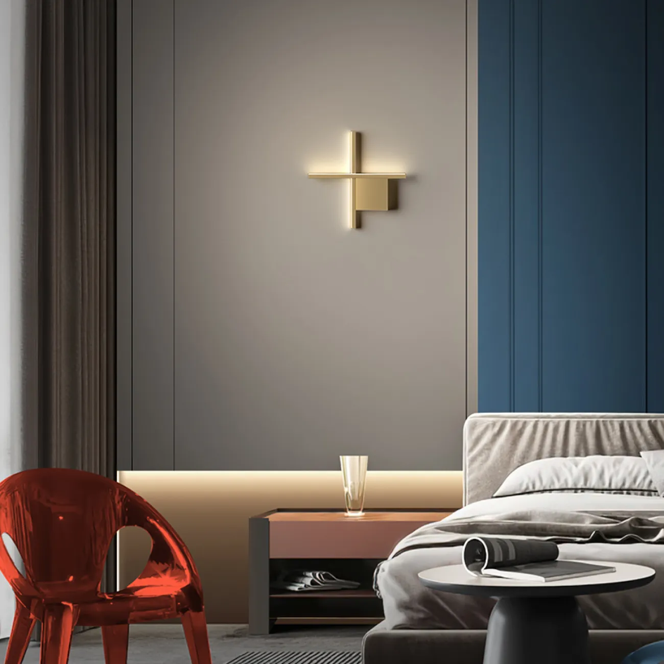 Серия настенных светодиодных светильников с прямоугольными перекрестными плафонами на квадратном креплении STICH B L100 Brass