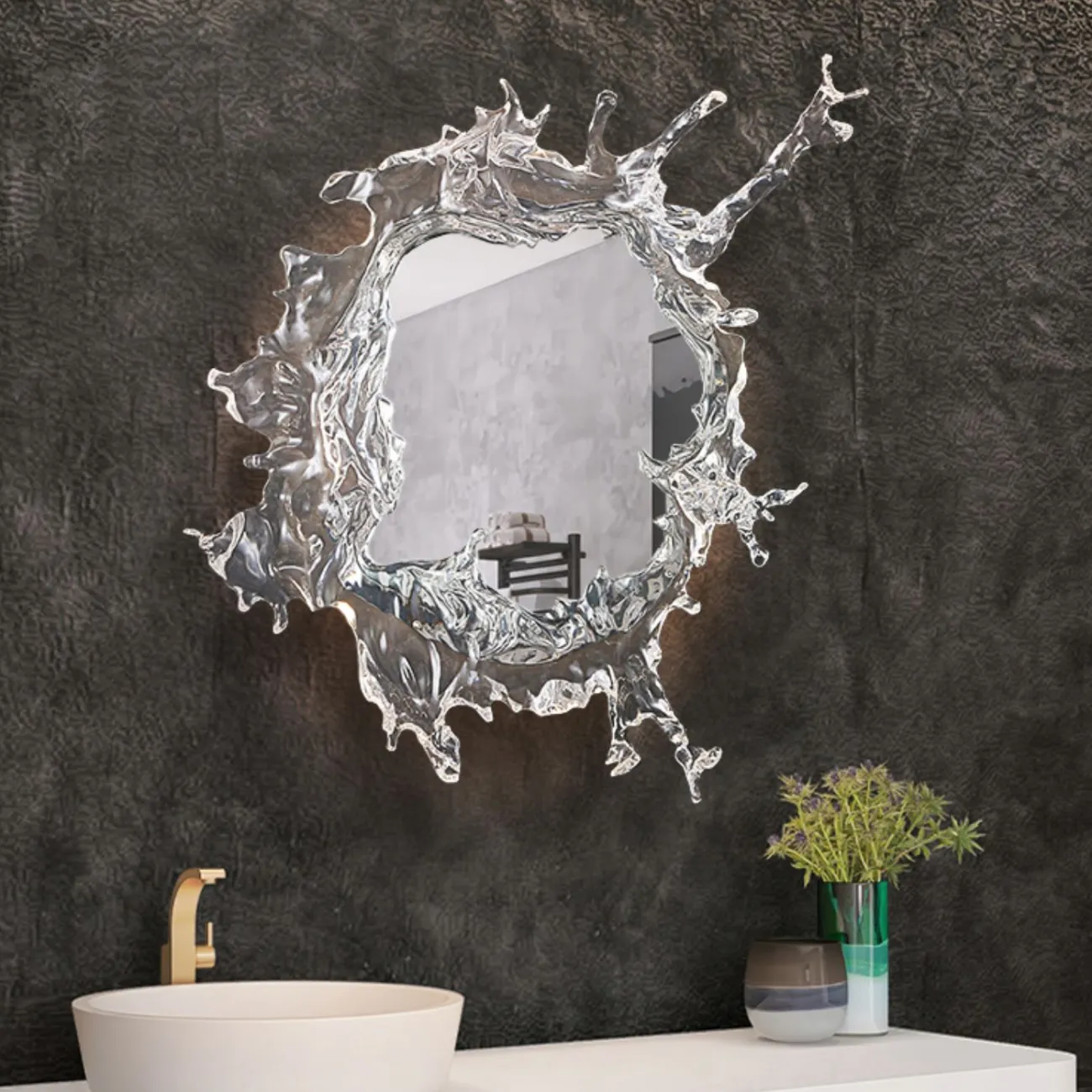 Настенный светильник-зеркало с LED-подсветкой по контуру корпуса с прозрачными рассеивателями, стилизованными под брызги воды ILLUSION D66