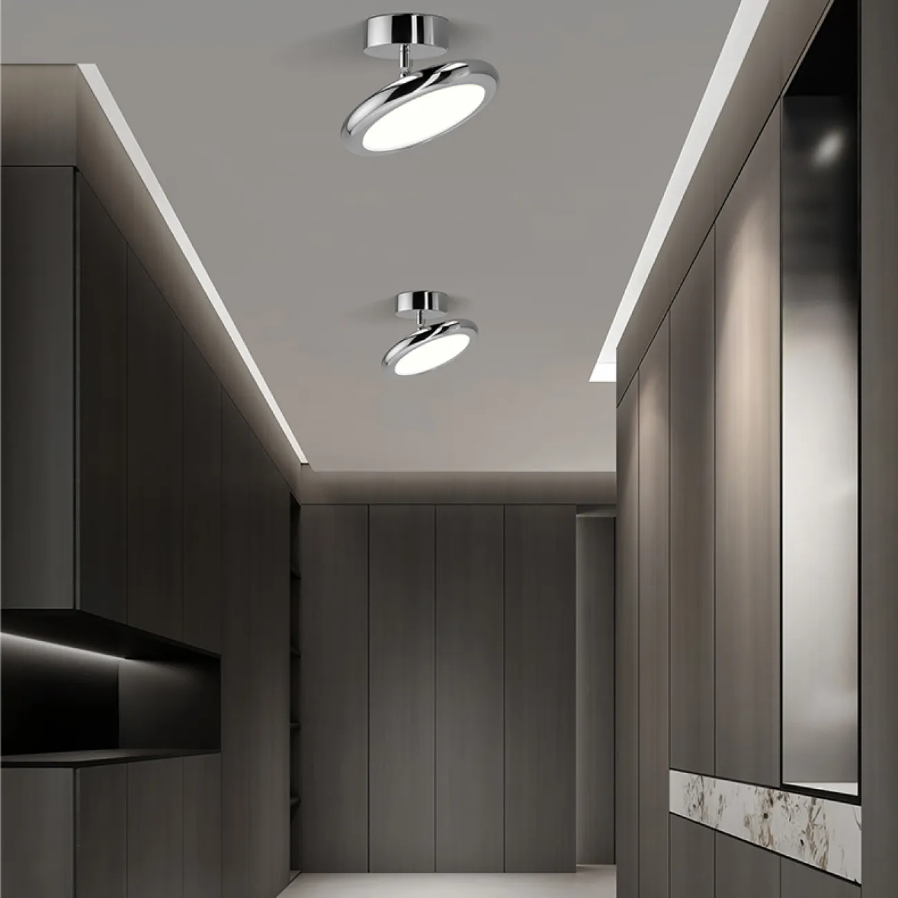 Серия точечных светодиодных светильников с дисковидным корпусом на вертикальной стойке с поворотным механизмом SKOLL Chrome 4000К Серия точечных светодиодных светильников с дисковидным корпусом на вертикальной стойке с поворотным механизмом SKOLL Chrome 4000К