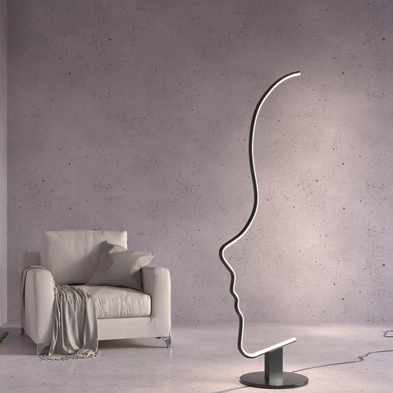 Дизайнерский торшер в виде изогнутой светодиодной стойки, стилизованной под человеческий профиль DAFNE Black Трехцветный свет