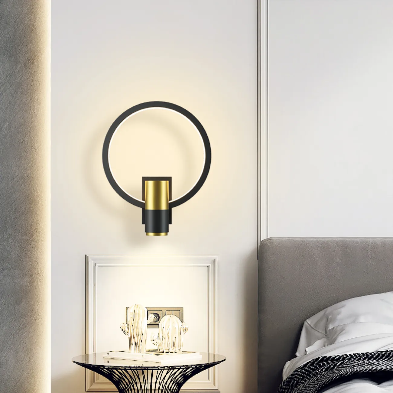 Серия настенных светильников в виде комбинации цилиндрического плафона и геометрической рамки с LED-подсветкой DAGVEIG С Black Трехцветный свет