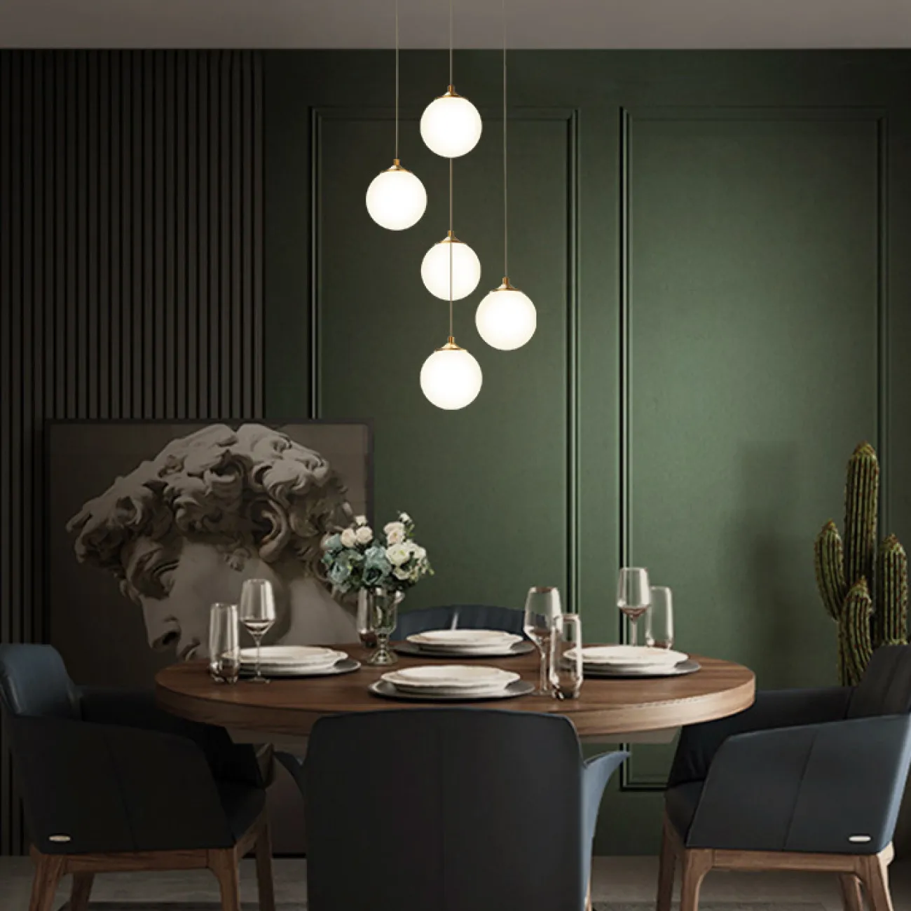 Готовая комбинация подвесных светильников с белыми матовыми плафонами шарообразной формы BARTA L62