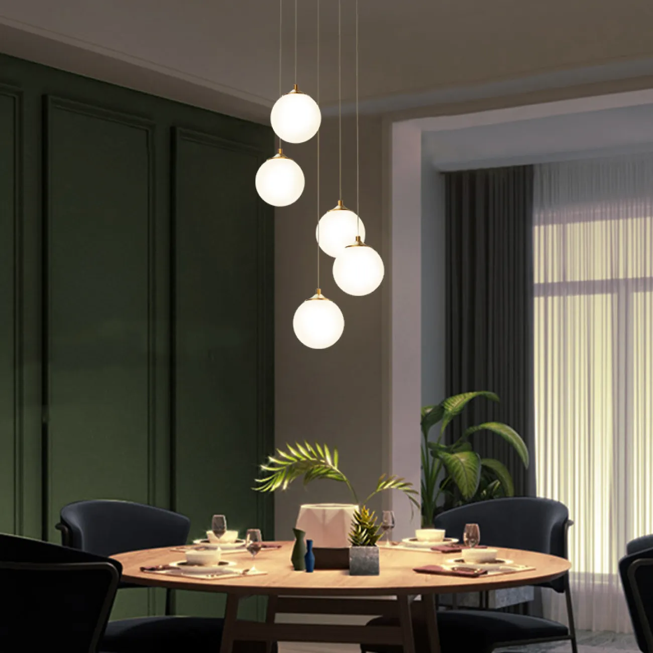 Готовая комбинация подвесных светильников с белыми матовыми плафонами шарообразной формы BARTA L62