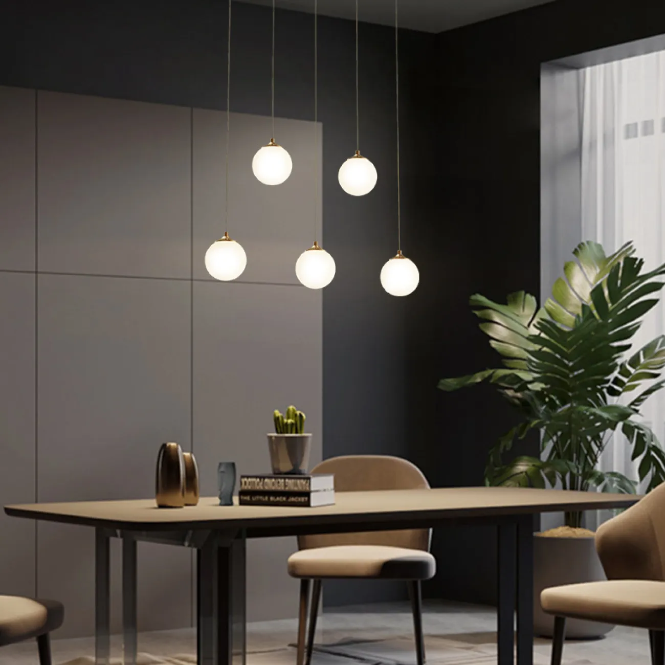 Готовая комбинация подвесных светильников с белыми матовыми плафонами шарообразной формы BARTA L62