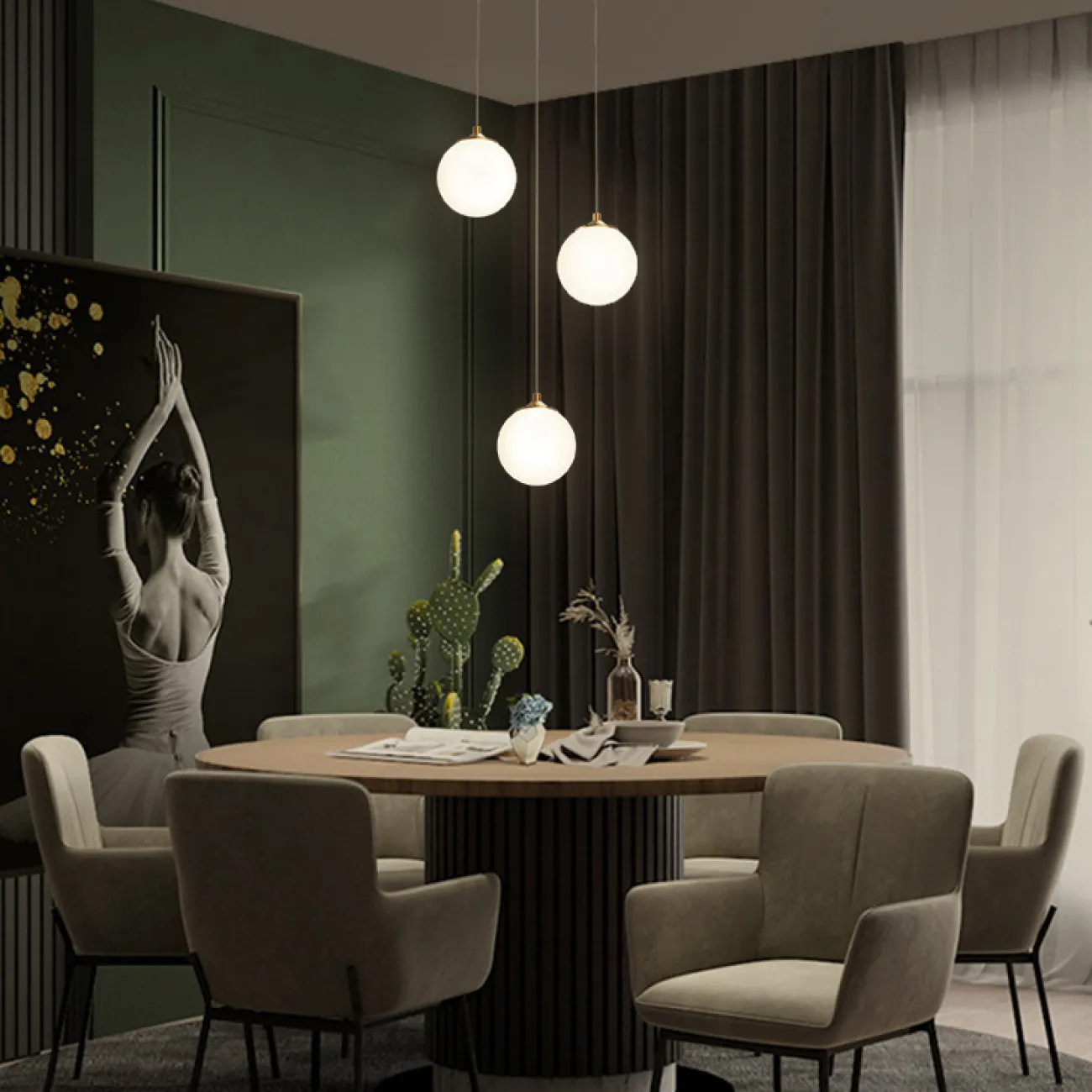 Готовая комбинация подвесных светильников с белыми матовыми плафонами шарообразной формы BARTA L62