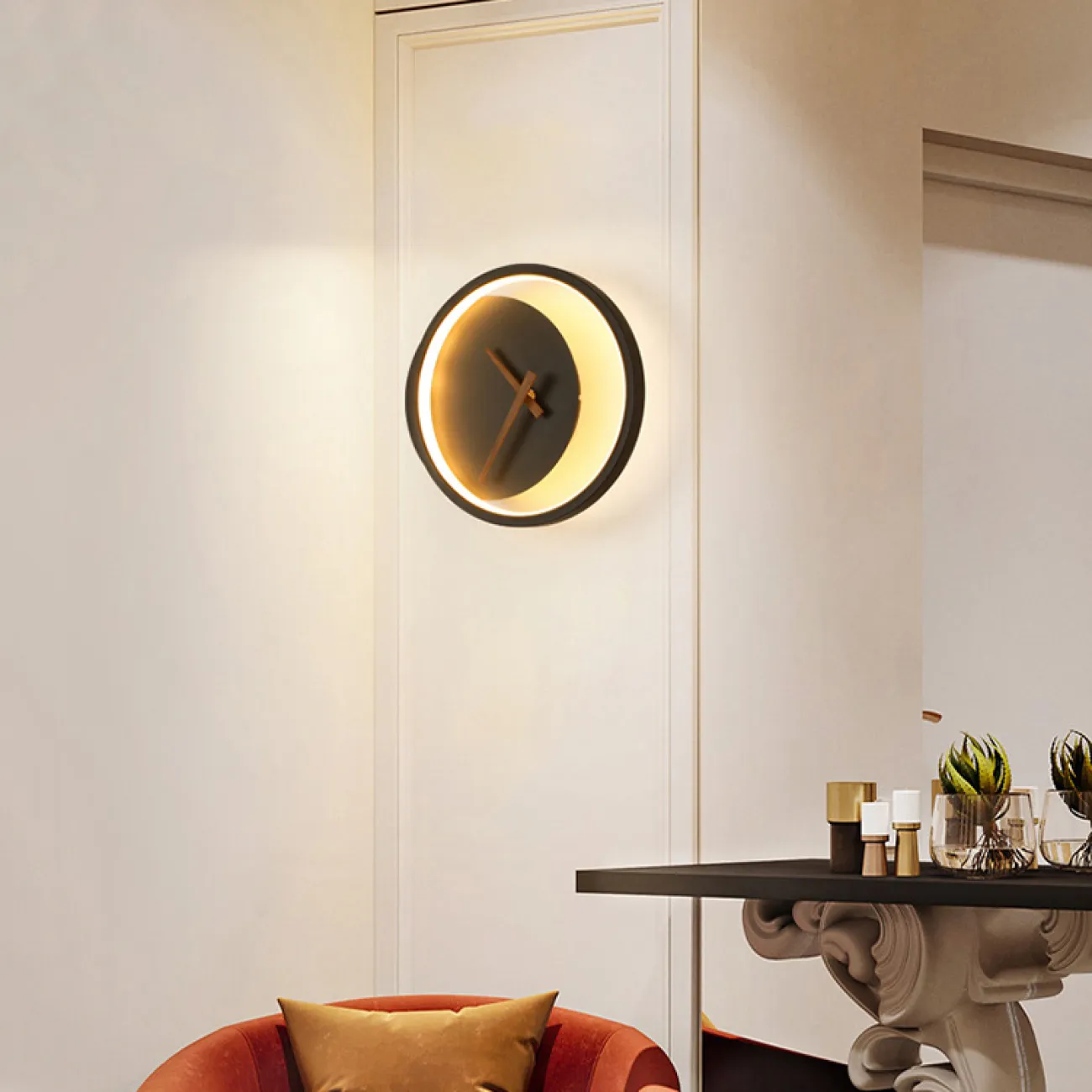 Серия настенных светодиодных светильников в виде комбинации светового кольца и диска с часовым механизмом CLOCK Black 3000К