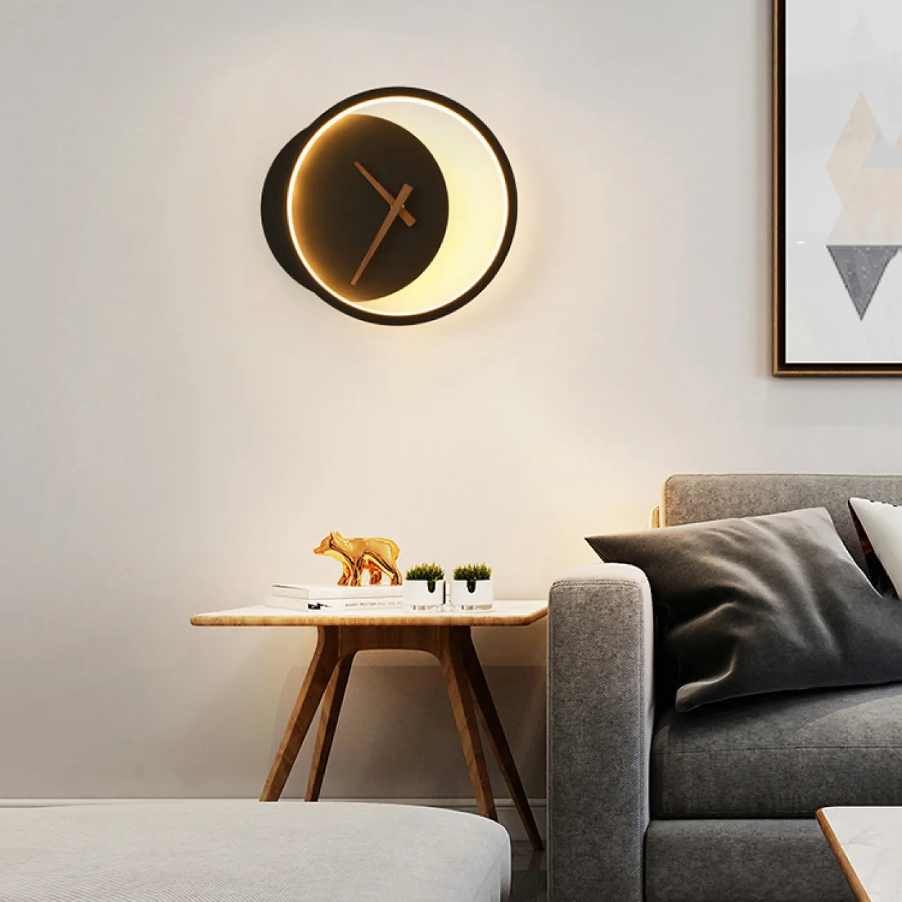 Серия настенных светодиодных светильников в виде комбинации светового кольца и диска с часовым механизмом CLOCK Black 3000К