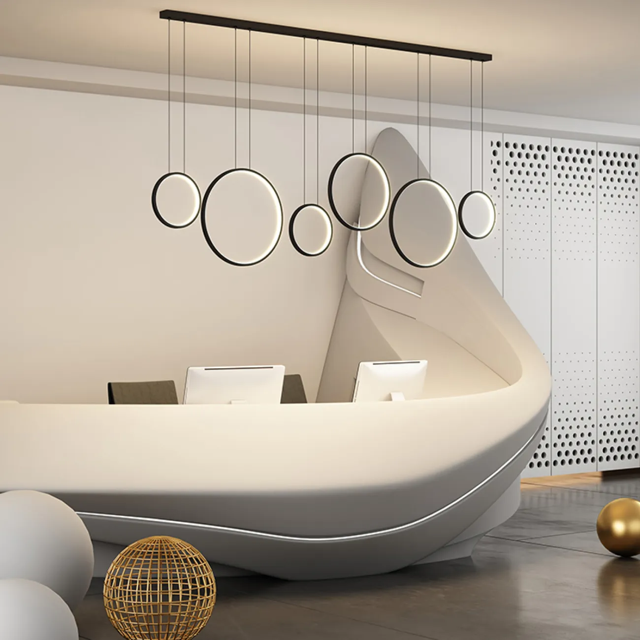 Готовая комбинация подвесных светодиодных светильников в виде композиции из колец разного диаметра FREDDO L170 Brass