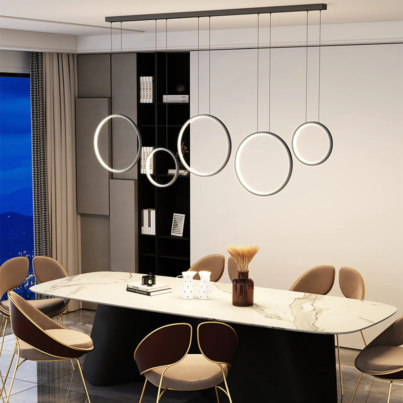 Готовая комбинация подвесных светодиодных светильников в виде композиции из колец разного диаметра FREDDO L170 Brass