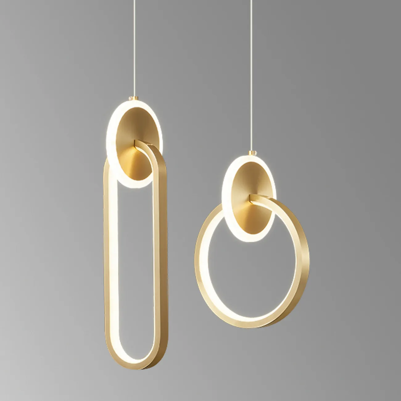 Готовая комбинация подвесных светодиодных светильников в виде композиции из светящихся колец и дисков RANDALL DUO Brass