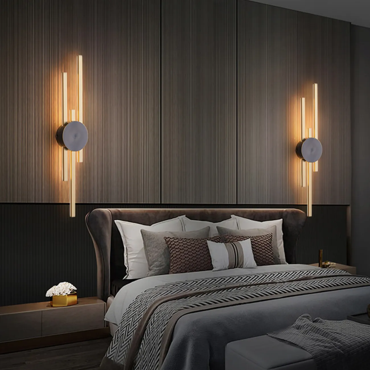 Серия настенных светодиодных светильников в виде композиции из трех разноуровневых светящихся стержней GULL B H94 Brass от ImperiumLoft