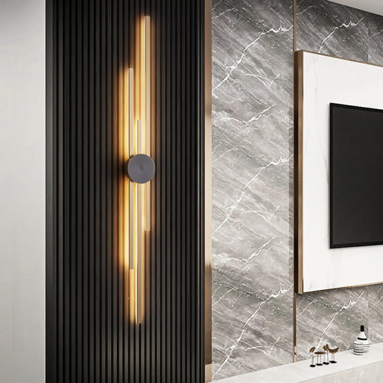 Серия настенных светодиодных светильников в виде композиции из трех разноуровневых светящихся стержней GULL B H94 Brass от ImperiumLoft