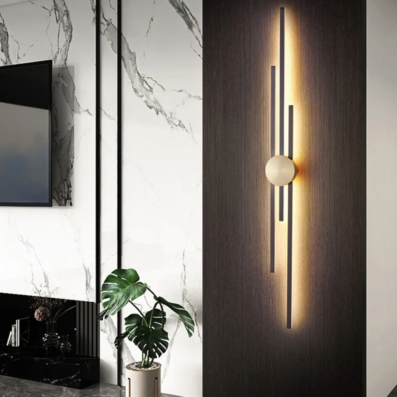 Серия настенных светодиодных светильников в виде композиции из трех разноуровневых светящихся стержней GULL B H94 Brass от ImperiumLoft