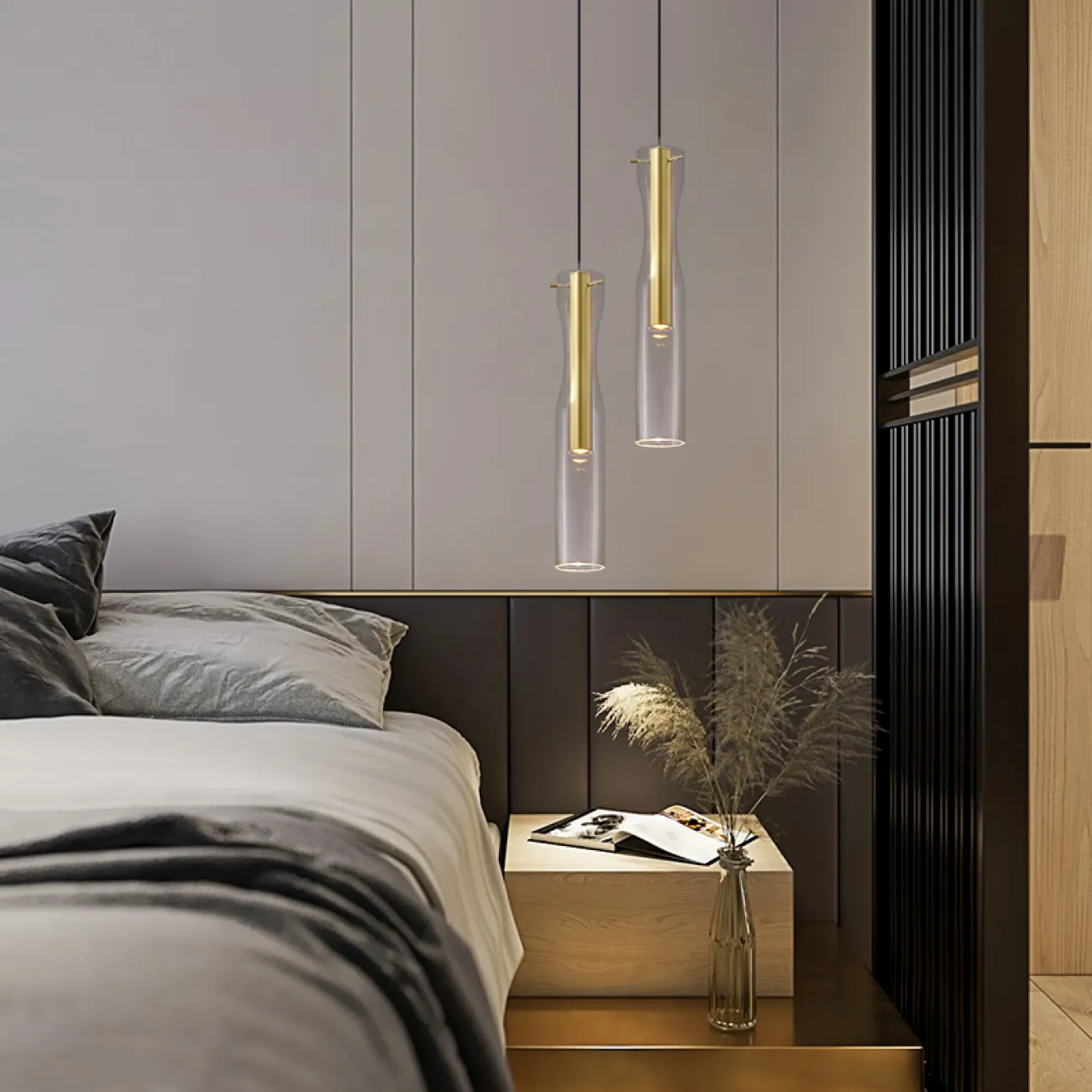 Готовая комбинация подвесных светодиодных светильников с двумя цилиндрическими плафонами в стеклянном корпусе в форме песочных часов MANI DUO Black