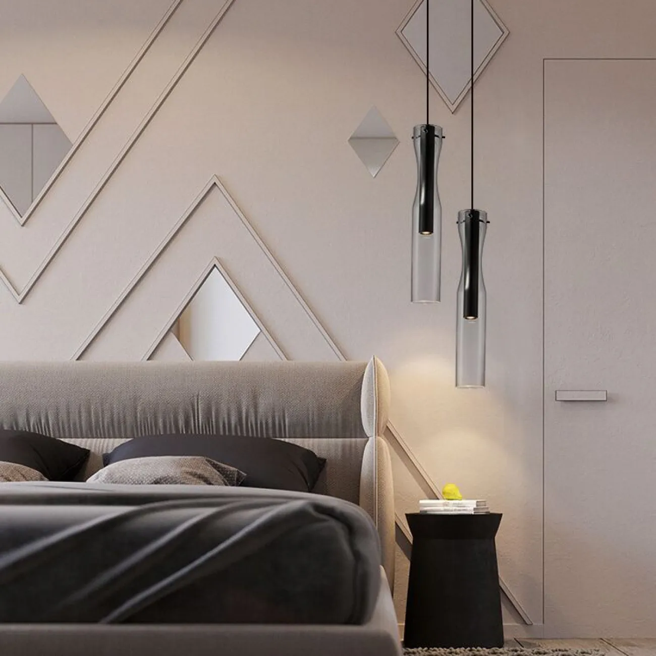 Готовая комбинация подвесных светодиодных светильников с двумя цилиндрическими плафонами в стеклянном корпусе в форме песочных часов MANI DUO Black