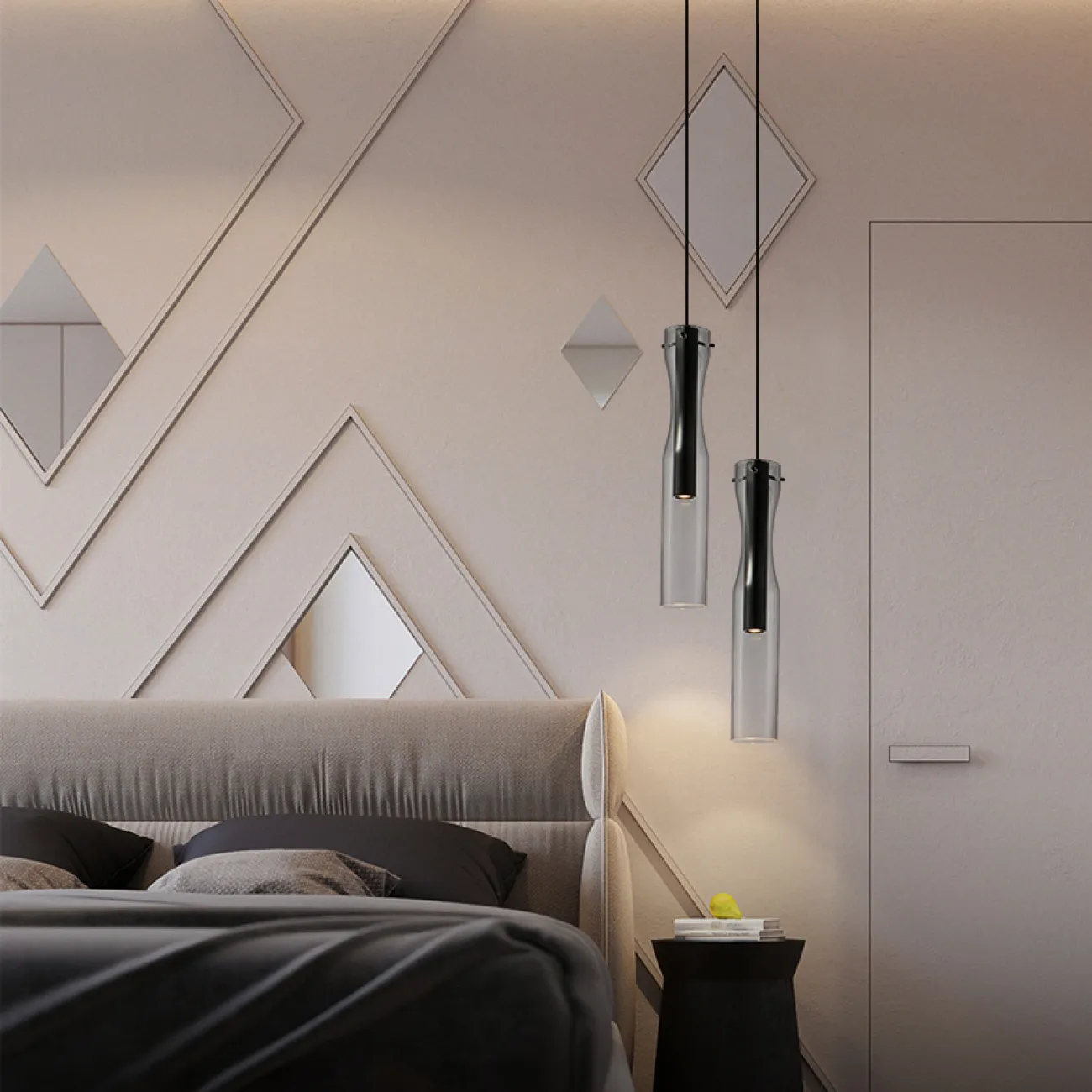 Готовая комбинация подвесных светодиодных светильников с двумя цилиндрическими плафонами в стеклянном корпусе в форме песочных часов MANI DUO Black