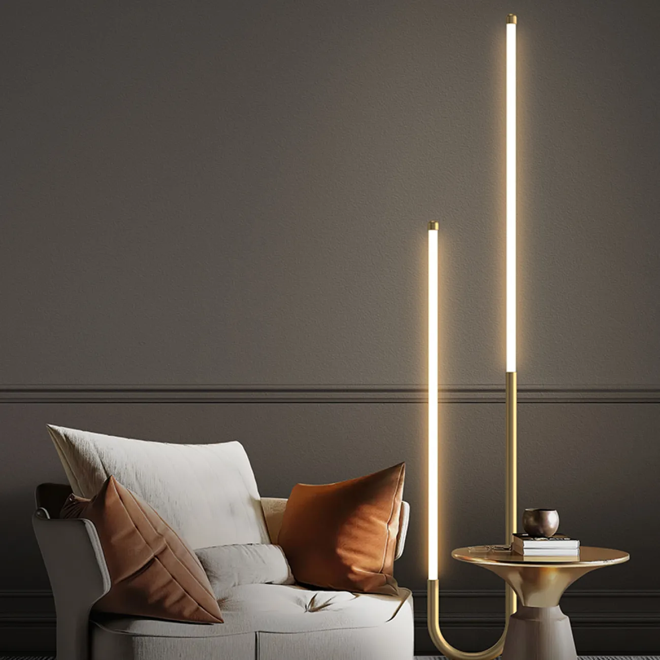 Серия светодиодных торшеров с двумя цилиндрическими матовыми плафонами разной высоты на трубчатом округлом каркасе DIVERT FL H130 Серия светодиодных торшеров с двумя цилиндрическими матовыми плафонами разной высоты на трубчатом округлом каркасе DIVERT FL H130