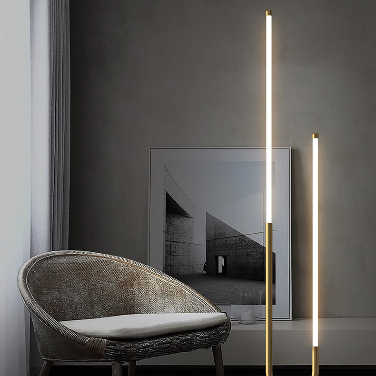 Серия светодиодных торшеров с двумя цилиндрическими матовыми плафонами разной высоты на трубчатом округлом каркасе DIVERT FL H130 Серия светодиодных торшеров с двумя цилиндрическими матовыми плафонами разной высоты на трубчатом округлом каркасе DIVERT FL H130