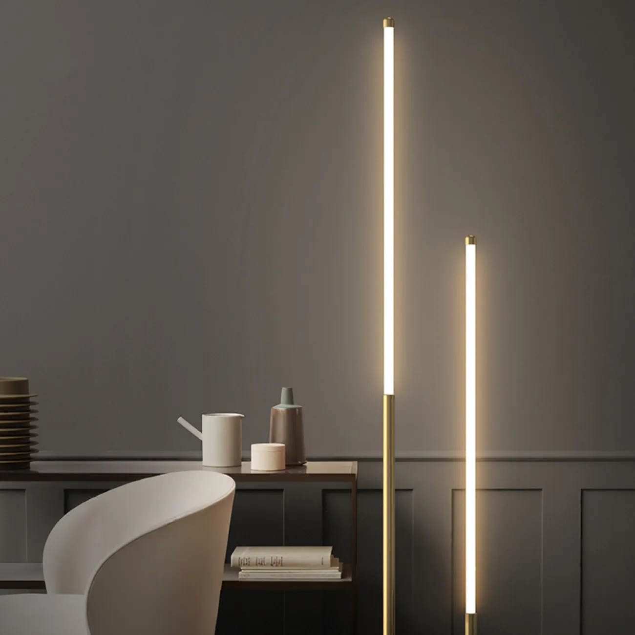 Серия светодиодных торшеров с двумя цилиндрическими матовыми плафонами разной высоты на трубчатом округлом каркасе DIVERT FL H130 Серия светодиодных торшеров с двумя цилиндрическими матовыми плафонами разной высоты на трубчатом округлом каркасе DIVERT FL H130