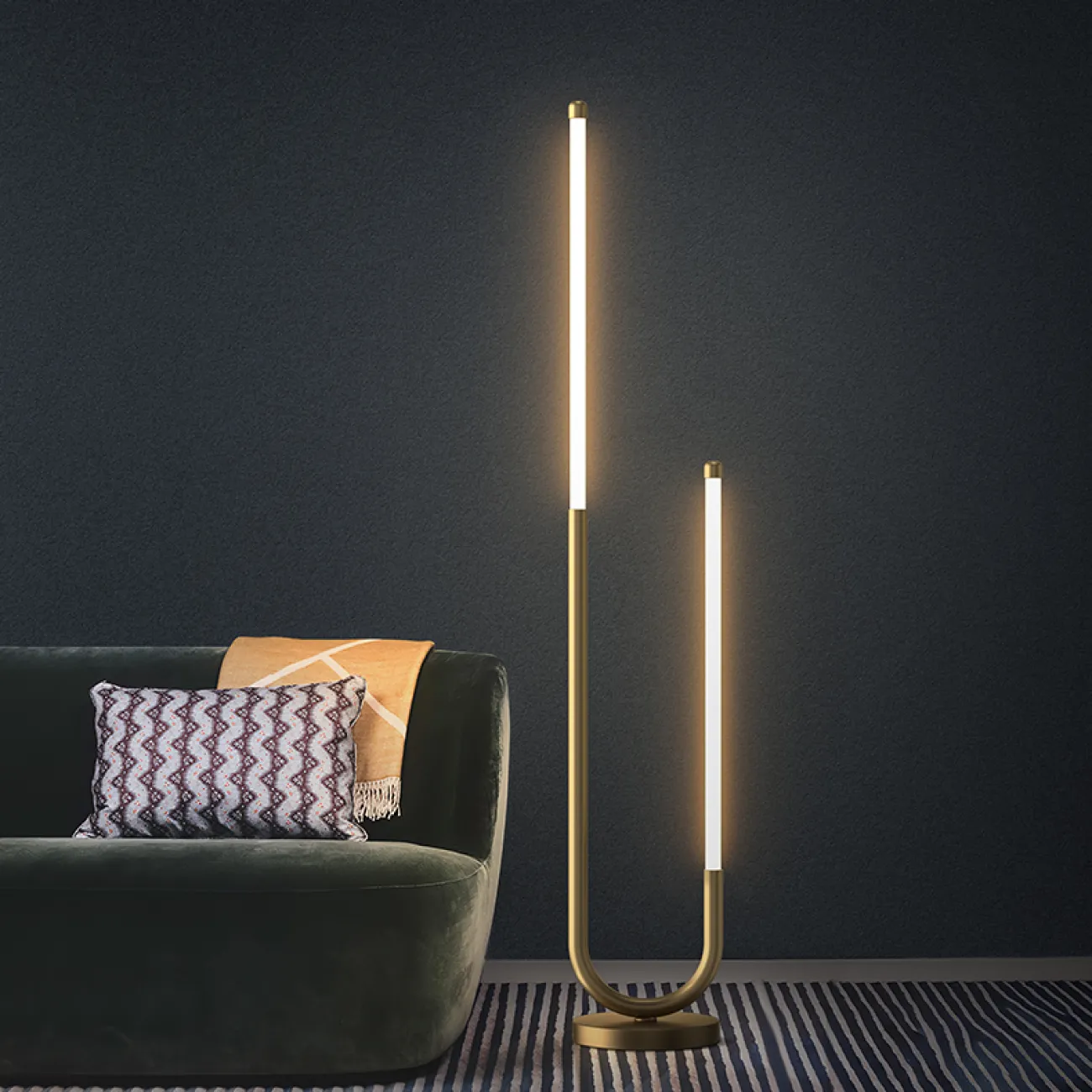 Серия светодиодных торшеров с двумя цилиндрическими матовыми плафонами разной высоты на трубчатом округлом каркасе DIVERT FL H130 Серия светодиодных торшеров с двумя цилиндрическими матовыми плафонами разной высоты на трубчатом округлом каркасе DIVERT FL H130