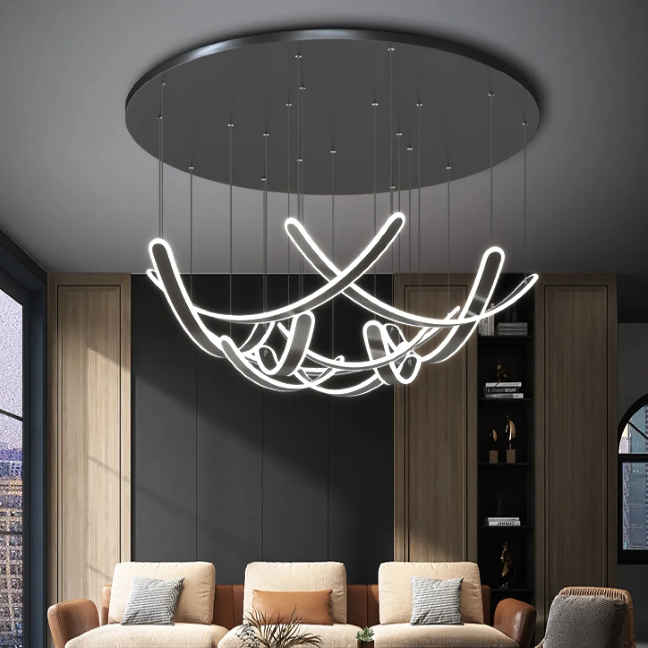 Готовая комбинация подвесных светодиодных светильников c вытянутыми изогнутыми плафонами со скругленными краями TEOLINE DISK L40+60